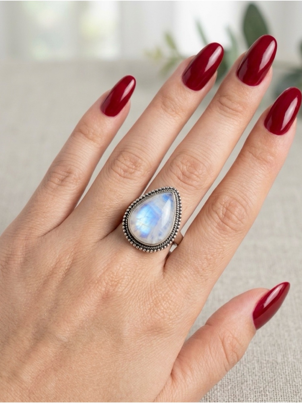 Rainbow Moonstone Teardrop Statement Ring – Sterling Silver Overlay Boho Style - Picture 1 of 4